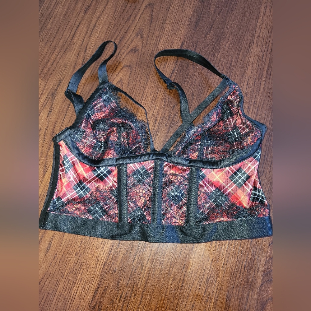 VICTORIA'S SECRET Very Sexy Red Black Plaid Sheer Back Bustier Bra Women's Small